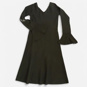 Elegant Olive Green Flared Sleeve Dress